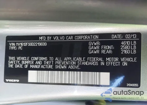 2013 Volvo S60 T5 z USA, uszkodzony, nr VIN YV1612FS0D2219699